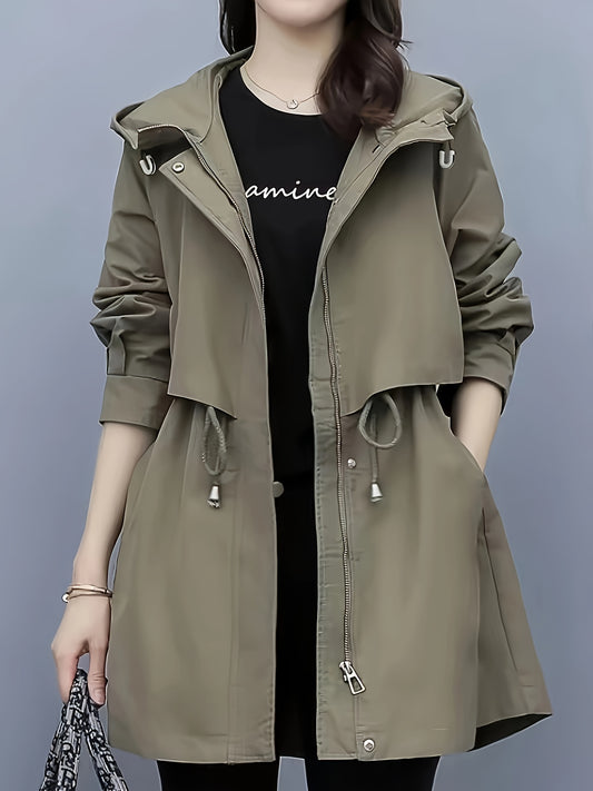 Elegant Trench Coat Polyester Women's Elegant Long Sleeve Trench Coat | Solid Color, Casual Style, Zipper Pockets,