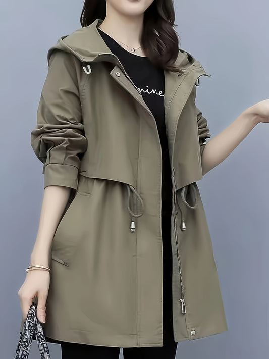Elegant Trench Coat Polyester Women's Elegant Long Sleeve Trench Coat | Solid Color, Casual Style, Zipper Pockets,