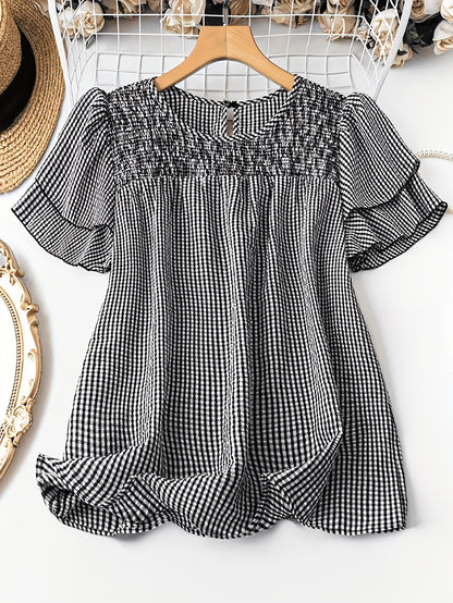 Women's Casual Checkered Button-Up Shirt - Black & White Grid Pattern, Short Sleeve Round Neck Blouse, Machine Washable Spring Summer Top,