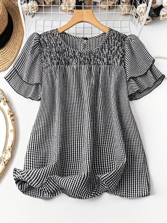 Women's Casual Checkered Button-Up Shirt - Black & White Grid Pattern, Short Sleeve Round Neck Blouse, Machine Washable Spring Summer Top,
