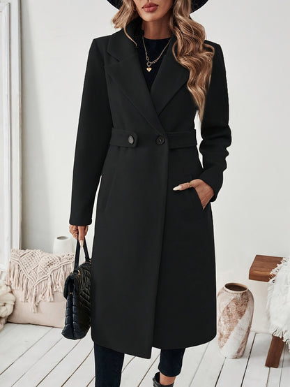 Women's Elegant Long Black Tweed Coat with Adjustable Belt - H-Silhouette Asymmetrical Hem, Machine Washable Winter Trench Coat for Fall & Winter,