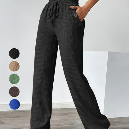 Women'S Casual Solid Color Pants with Faux Button Detail - Elastic Waistband, Drawstring, and Side Pockets, Lightweight Summer Trousers for Casual Attire