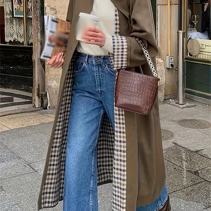 Women's Trench Coat Oversized Women's Long Sleeve Trench Coat | Button-Front, Plaid-Lined Pockets, Elegant Solid Color Design, Classic Style,