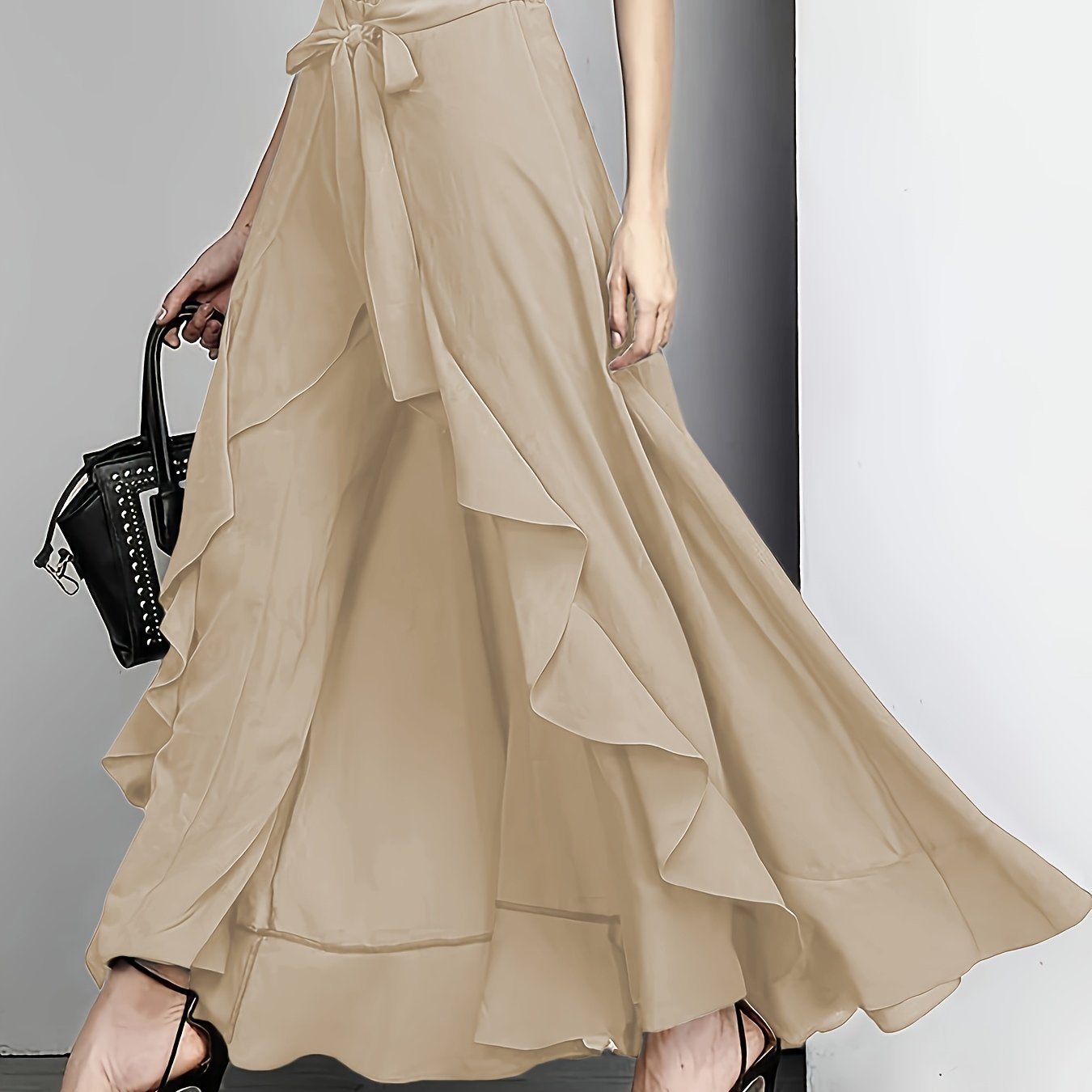 Light Blue Maxi Pants Polyester Women's Light Blue Maxi Pants | Casual Solid Color Straight Leg with Belt Detail, Flowy Design for All Seasons,