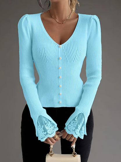Elegant Pullover Soft & Comfortable Elegant Pink V-Neck Pullover for Women | Long Sleeve, Button-Up Front, Ribbed Texture,