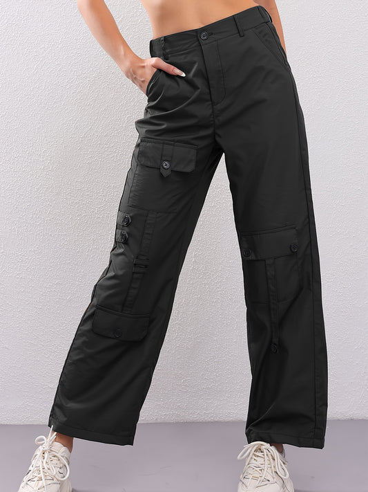 Retro Women's casual pants - black, straight leg, spring and autumn fashion, multiple pockets, soft polyester fiber all-season comfortable outdoor trousers