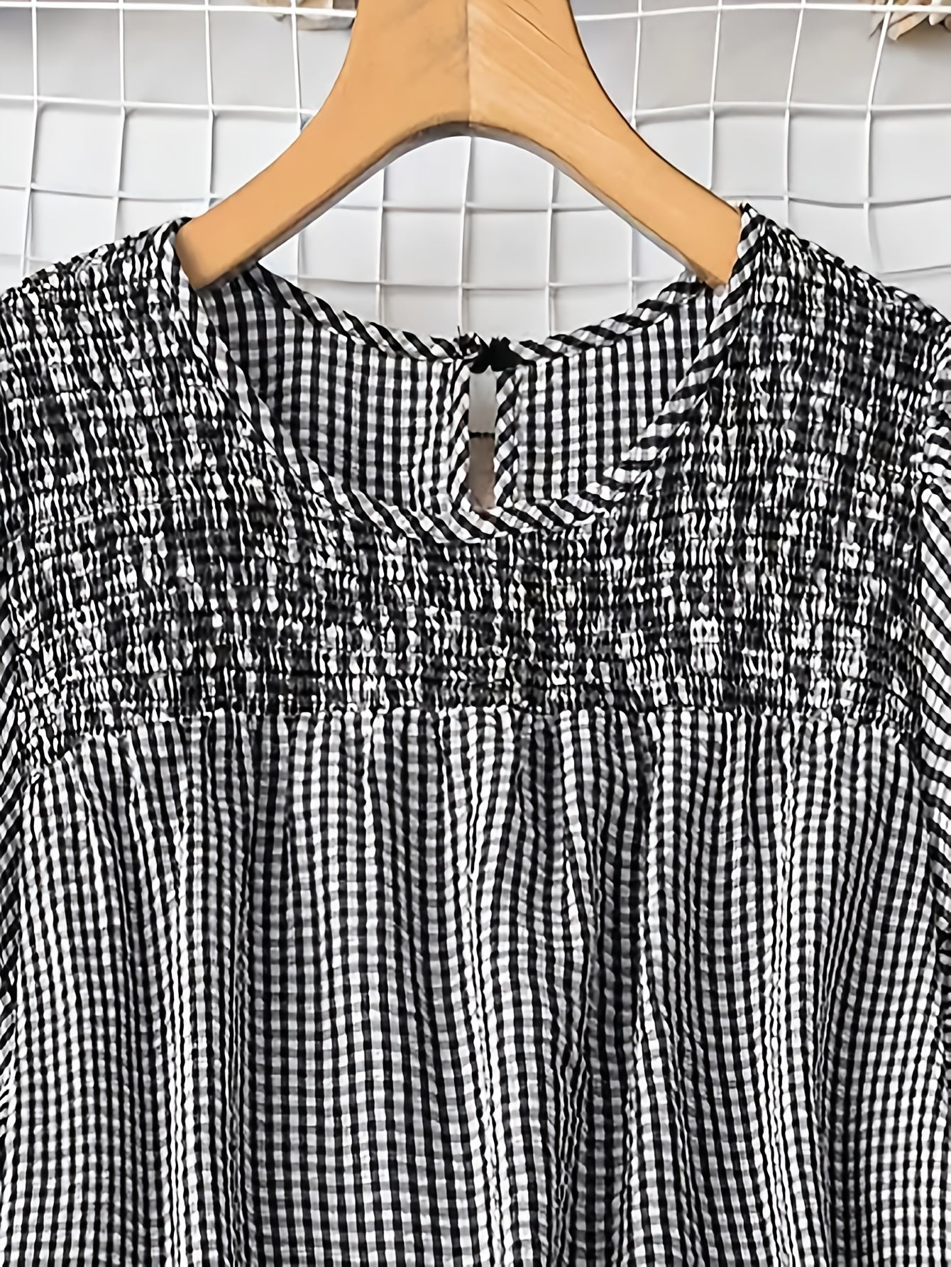 Women's Casual Checkered Button-Up Shirt - Black & White Grid Pattern, Short Sleeve Round Neck Blouse, Machine Washable Spring Summer Top,