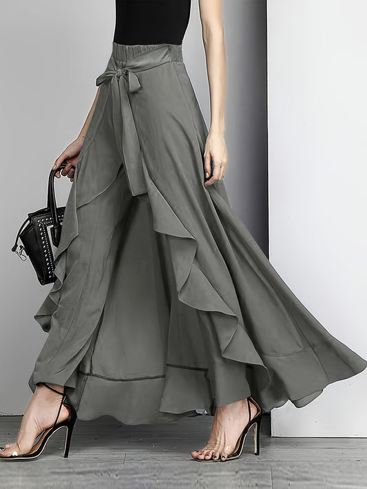 Light Blue Maxi Pants Polyester Women's Light Blue Maxi Pants | Casual Solid Color Straight Leg with Belt Detail, Flowy Design for All Seasons,