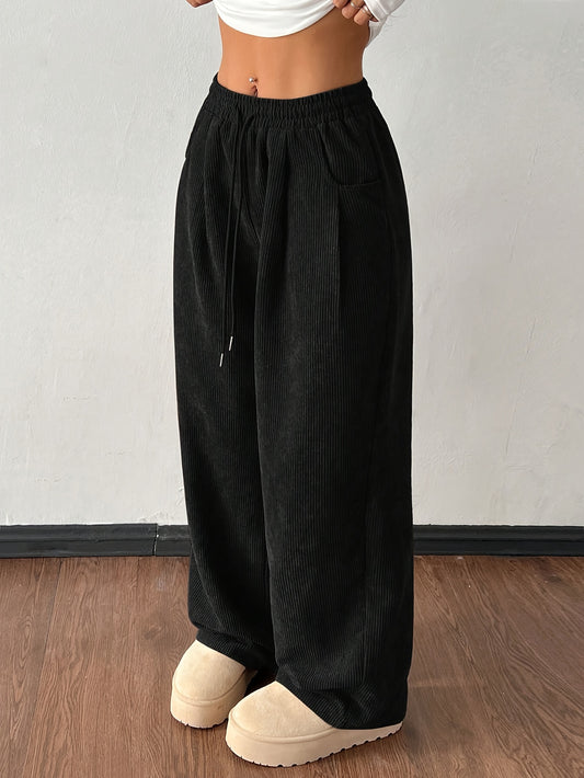 Women's Casual Corduroy Pants - Straight Leg Relaxed Fit, Machine Washable, All-Season Comfort, Solid Brown, Versatile Streetwear
