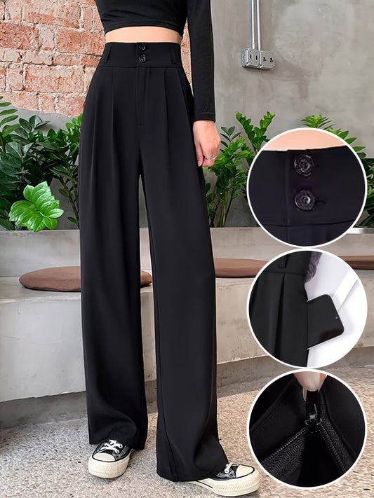 High-Waisted Wide-Leg Pants Women's High-Waisted Wide-Leg Pants - Black Cool & Breathable Fabric, Relaxed Fit All-Season Trousers for Casual & Formal Wear,