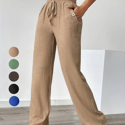 Women'S Casual Solid Color Pants with Faux Button Detail - Elastic Waistband, Drawstring, and Side Pockets, Lightweight Summer Trousers for Casual Attire