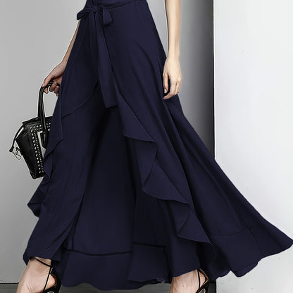 Light Blue Maxi Pants Polyester Women's Light Blue Maxi Pants | Casual Solid Color Straight Leg with Belt Detail, Flowy Design for All Seasons,