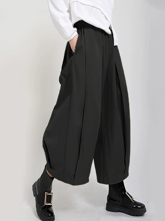 Women'S Stylish Black Wide-Leg Casual Pants - High-Waisted, Button- Front, Polyester Blend, Machine Washable, Perfect for Spring\u002FSummer\u002FFall,