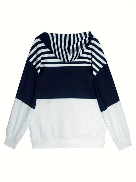 Women's Oversized Striped Color Block Zip-Up Hoodie with Adjustable Drawstring - Navy & White Horizontal Stripes, Mid-Stretch Fabric,