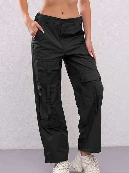 Retro Women's casual pants - black, straight leg, spring and autumn fashion, multiple pockets, soft polyester fiber all-season comfortable outdoor trousers