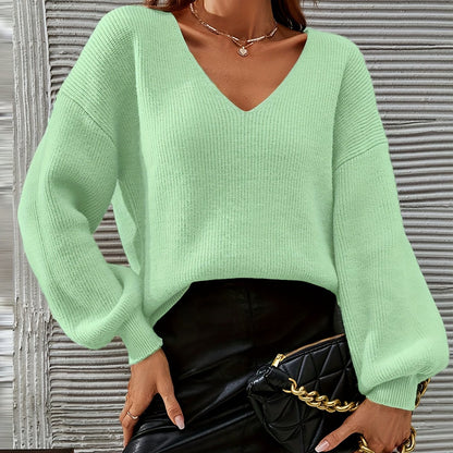 French Chic Sweater Light Green High Stretch V-Neck Drop Shoulder Sweater - Chic French Casual Acrylic Knit,