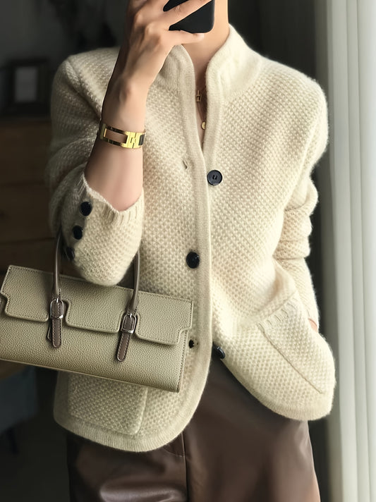 Solid Color Button Front Cardigans Coat, Casual Mock Neck Side Pockets Long Sleeve Top For Every Day,
