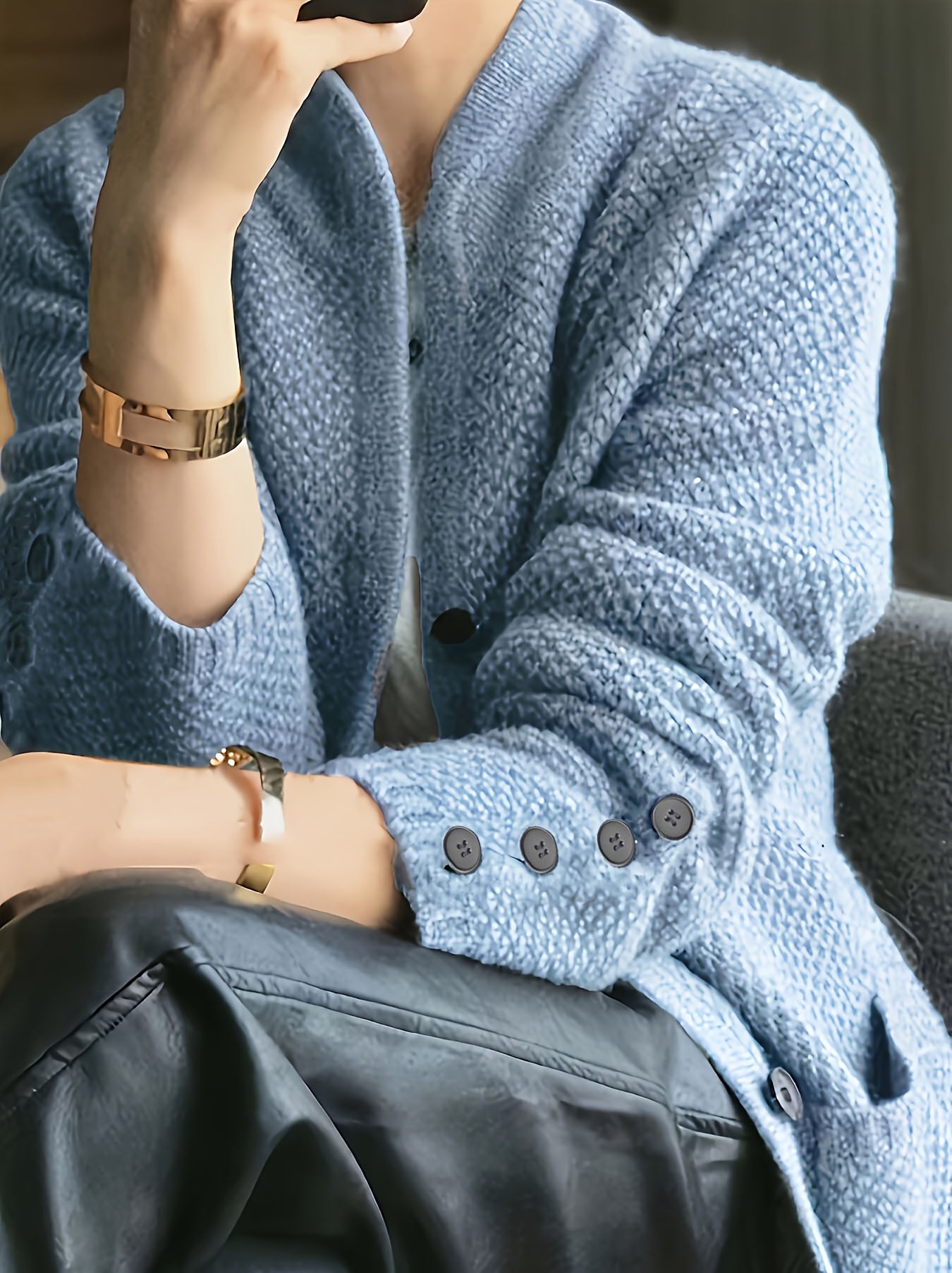 Solid Color Button Front Cardigans Coat, Casual Mock Neck Side Pockets Long Sleeve Top For Every Day,