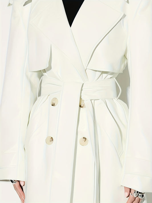 1pc Women'S Elegant Minimalist Double-Breasted Trench Coat - Long Sleeve, Solid Color, Belted Waist, Pockets, Non-Stretch Fabric,
