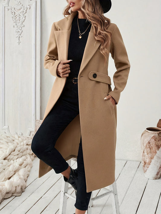 Women's Elegant Long Black Tweed Coat with Adjustable Belt - H-Silhouette Asymmetrical Hem, Machine Washable Winter Trench Coat for Fall & Winter,