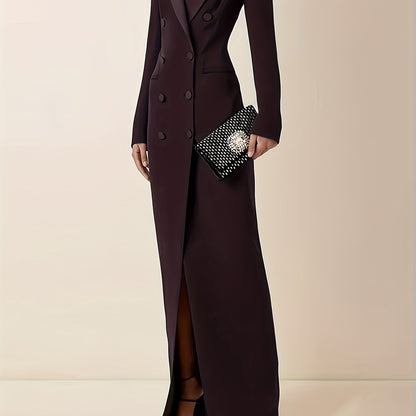 Women'S Elegant Double-Breasted Long Sleeve Trench Coat - Solid Color, Button Details, High-Waisted Design, Perfect for Formal Events,