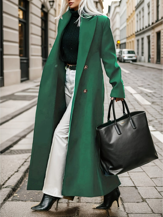 Women's Elegant Green Coat - Long Formal & Professional Outerwear, Machine Washable Winter Trench with Structured H-Silhouette for Office, Parties,