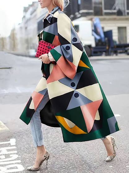 Women'S Stylish Geometric Print Trench Coat - Long Sleeve, Button-Up Front, Polyester, Green with Black & Yellow Accents, Perfect for Spring & Fall,