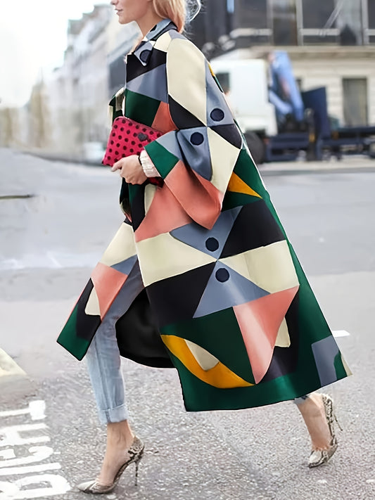 Women'S Stylish Geometric Print Trench Coat - Long Sleeve, Button-Up Front, Polyester, Green with Black & Yellow Accents, Perfect for Spring & Fall,
