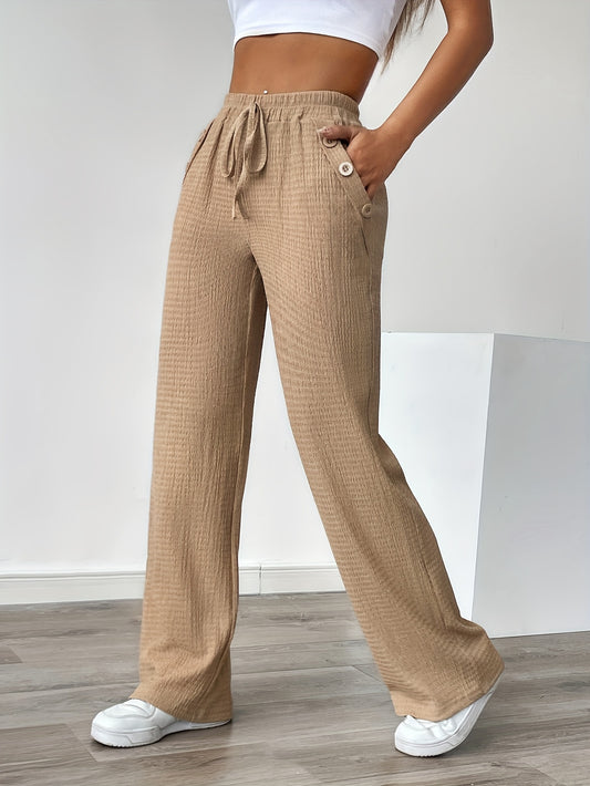 Women'S Casual Solid Color Pants with Faux Button Detail - Elastic Waistband, Drawstring, and Side Pockets, Lightweight Summer Trousers for Casual Attire