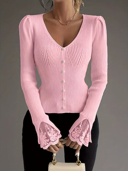 Elegant Pullover Soft & Comfortable Elegant Pink V-Neck Pullover for Women | Long Sleeve, Button-Up Front, Ribbed Texture,