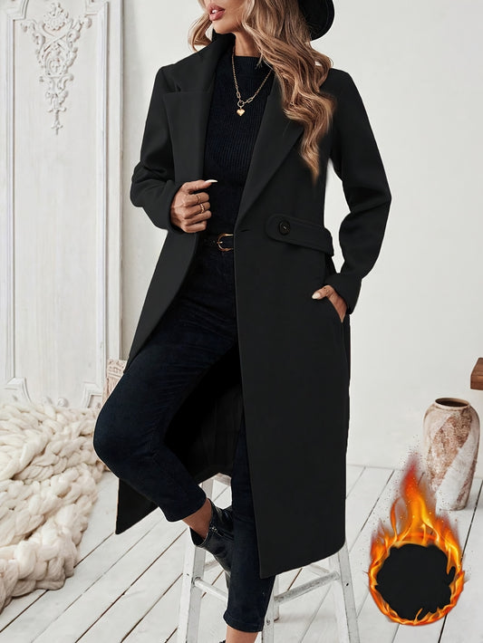 Women's Elegant Long Black Tweed Coat with Adjustable Belt - H-Silhouette Asymmetrical Hem, Machine Washable Winter Trench Coat for Fall & Winter,