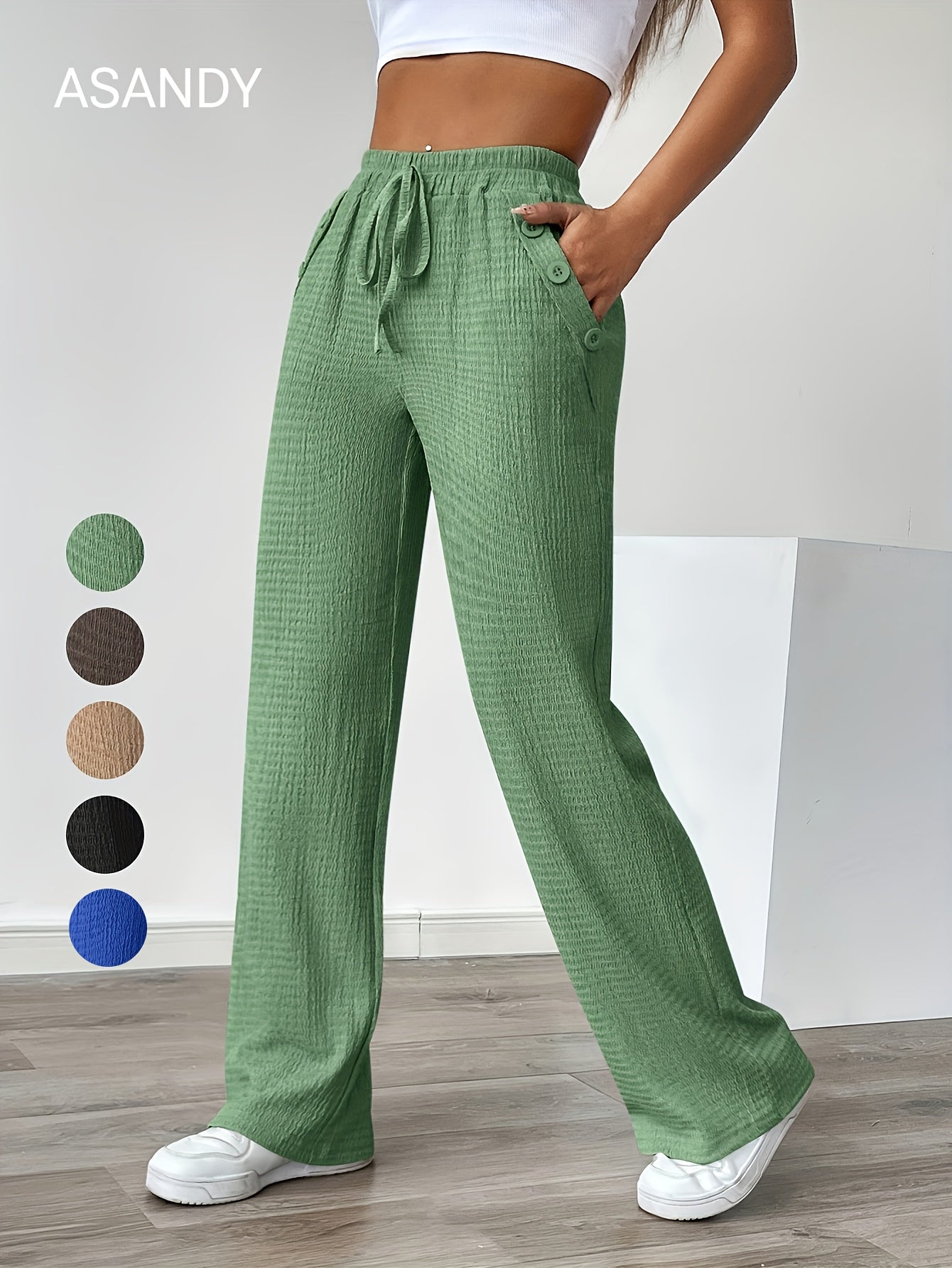 Women'S Casual Solid Color Pants with Faux Button Detail - Elastic Waistband, Drawstring, and Side Pockets, Lightweight Summer Trousers for Casual Attire