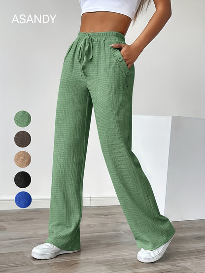 Women'S Casual Solid Color Pants with Faux Button Detail - Elastic Waistband, Drawstring, and Side Pockets, Lightweight Summer Trousers for Casual Attire