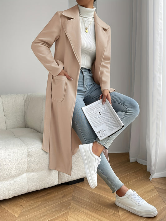 Solid Color Trench Coat Elegant Solid Color Long Sleeve Patched Pocket Trench Coat - Women's