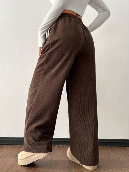 Women's Casual Corduroy Pants - Straight Leg Relaxed Fit, Machine Washable, All-Season Comfort, Solid Brown, Versatile Streetwear