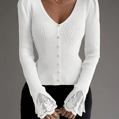 Elegant Pullover Soft & Comfortable Elegant Pink V-Neck Pullover for Women | Long Sleeve, Button-Up Front, Ribbed Texture,