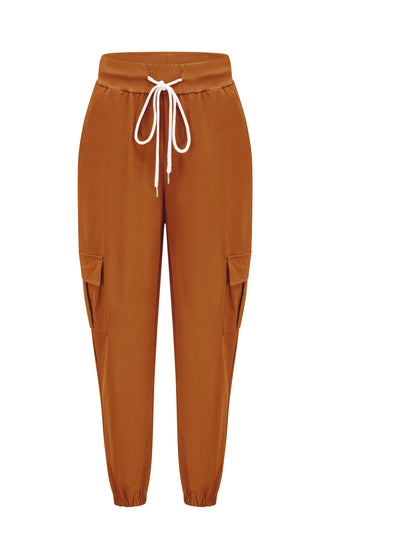Women'S Casual Cargo Pants with Drawstring Waist, Beige, Multiple Pockets, Frayed Hem, White Sneakers, All-Season Comfort Fit