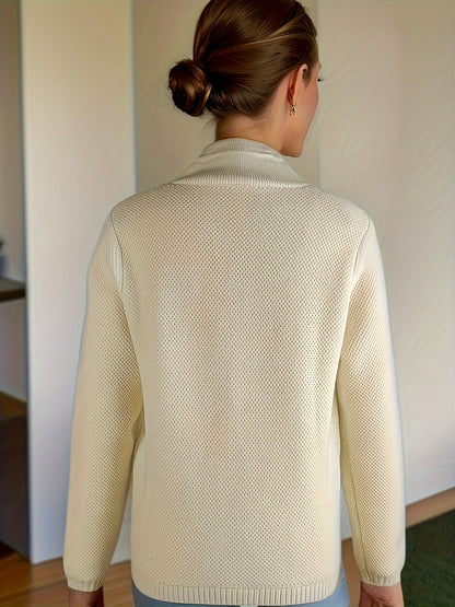 Solid Color Button Front Cardigans Coat, Casual Mock Neck Side Pockets Long Sleeve Top For Every Day,