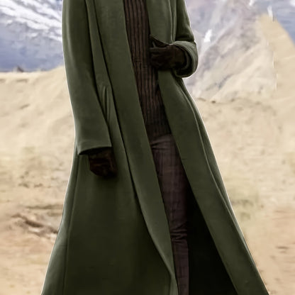 Women'S Plus Size Long Trench Coat - Casual Lapel Collar, Solid Color, Non-Stretch Fabric, Ideal for Spring\u002FFall,