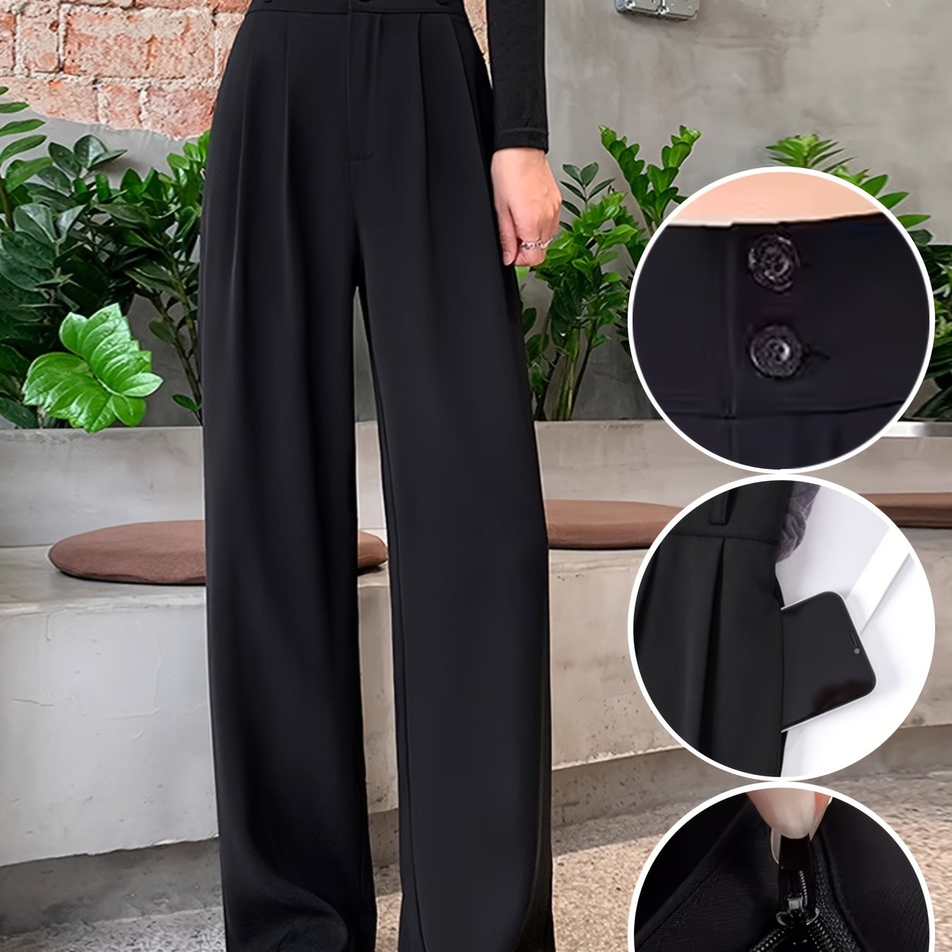 High-Waisted Wide-Leg Pants Women's High-Waisted Wide-Leg Pants - Black Cool & Breathable Fabric, Relaxed Fit All-Season Trousers for Casual & Formal Wear,
