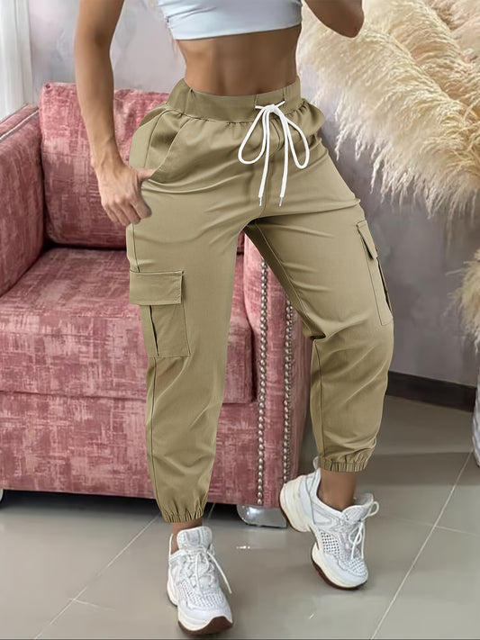 Women'S Casual Cargo Pants with Drawstring Waist, Beige, Multiple Pockets, Frayed Hem, White Sneakers, All-Season Comfort Fit