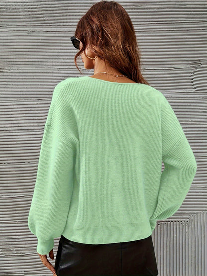 French Chic Sweater Light Green High Stretch V-Neck Drop Shoulder Sweater - Chic French Casual Acrylic Knit,