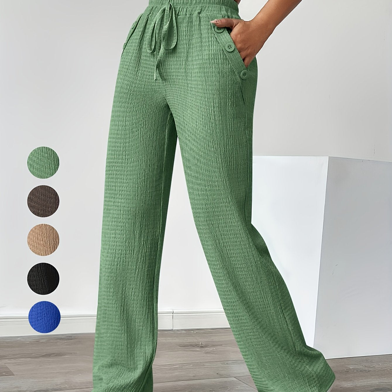 Women'S Casual Solid Color Pants with Faux Button Detail - Elastic Waistband, Drawstring, and Side Pockets, Lightweight Summer Trousers for Casual Attire