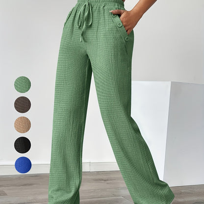 Women'S Casual Solid Color Pants with Faux Button Detail - Elastic Waistband, Drawstring, and Side Pockets, Lightweight Summer Trousers for Casual Attire