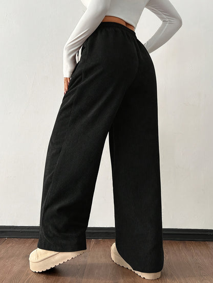 Women's Casual Corduroy Pants - Straight Leg Relaxed Fit, Machine Washable, All-Season Comfort, Solid Brown, Versatile Streetwear