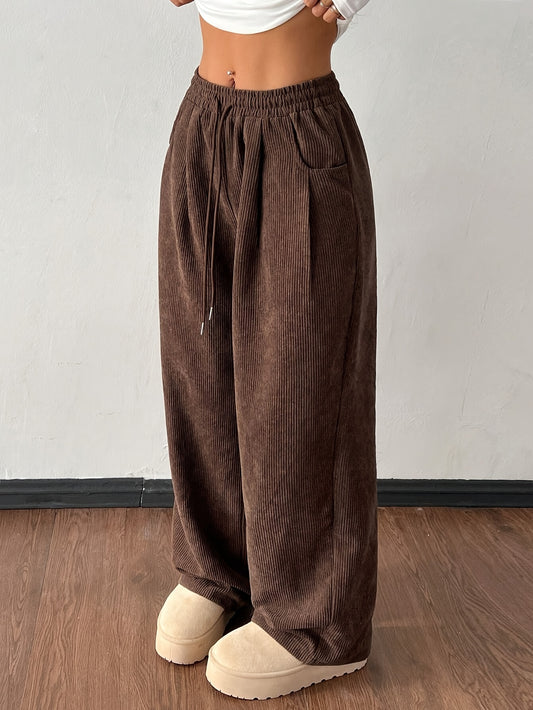 Women's Casual Corduroy Pants - Straight Leg Relaxed Fit, Machine Washable, All-Season Comfort, Solid Brown, Versatile Streetwear