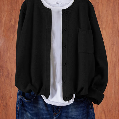 Women's Casual Button-Up Cardigan - Soft Stretchy Long Sleeve with Pockets, Solid Brown for Spring\u002FFall, Lightweight and Comfortable Casual Attire,