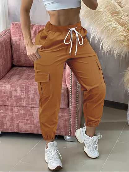 Women'S Casual Cargo Pants with Drawstring Waist, Beige, Multiple Pockets, Frayed Hem, White Sneakers, All-Season Comfort Fit