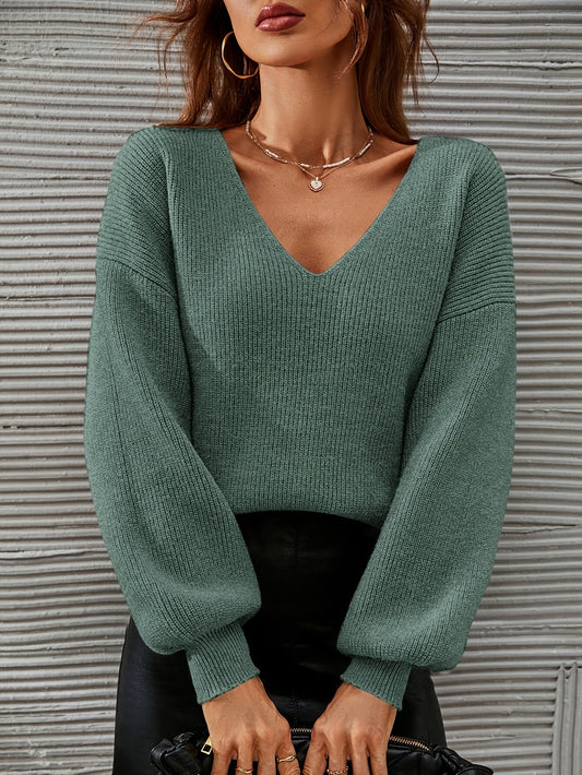 French Chic Sweater Light Green High Stretch V-Neck Drop Shoulder Sweater - Chic French Casual Acrylic Knit,