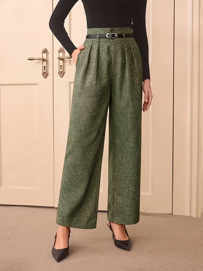 Women's High-Waisted Gray Straight-Leg Pants with Adjustable Belt - Middle Eastern-Inspired Retro Office Casual Trousers